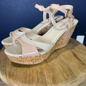 Guess Colby Pink and Cream Wedge Sandals with Cork Platform, Size 10